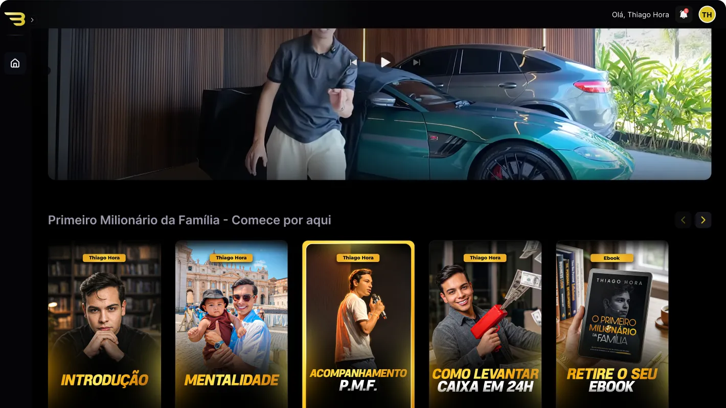 Área de membros da Bilion com módulos organizados em formato de streaming